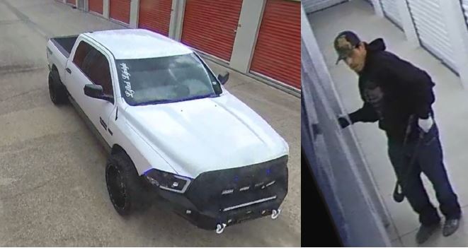 Two-photo camera footage collage. Left photo contains a white Dodge pickup truck with the words "Lifted Lifestyle" on the windshield on the passenger side. The second photo contains the male suspect wearing all dark clothing and a ball cap.
